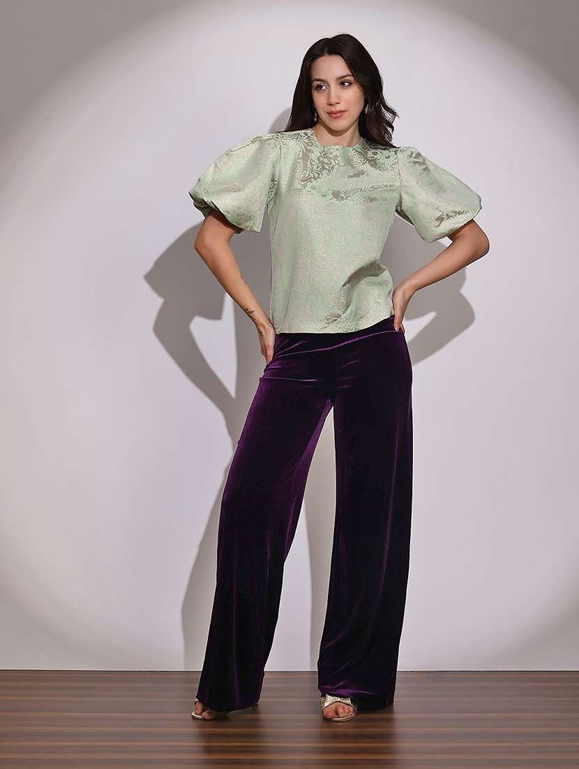 globus women green round neck balloon sleeves floral brocade party top - 22219252 -  Standard Image - 3