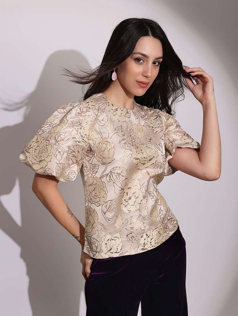 globus women beige round neck balloon sleeves floral brocade party top