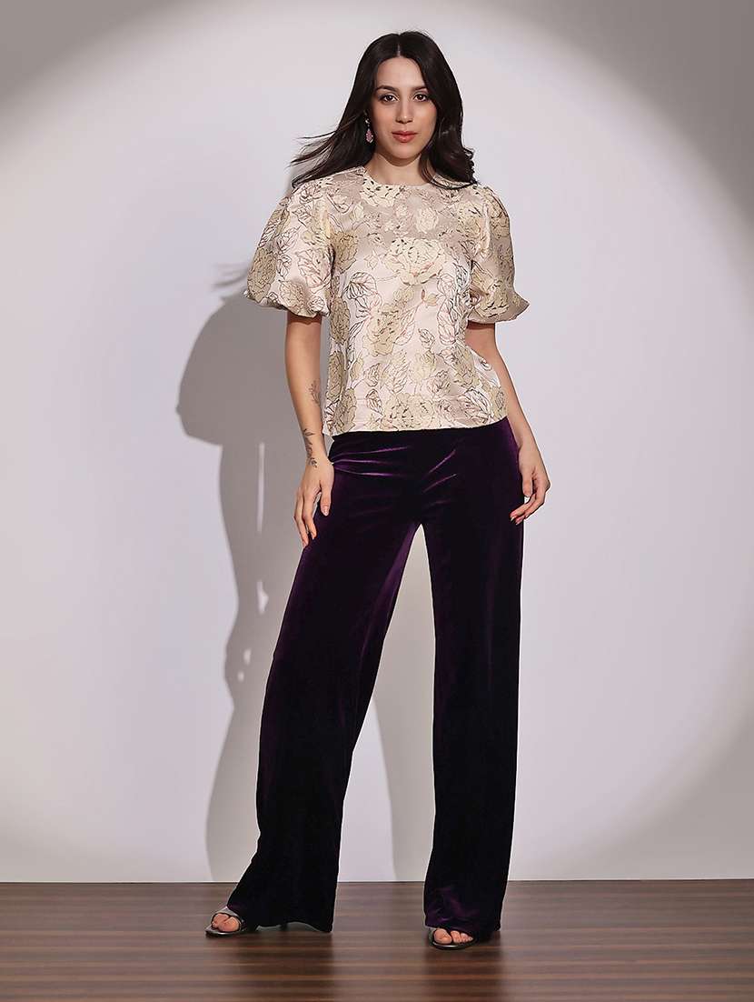 globus women beige round neck balloon sleeves floral brocade party top - 22219253 -  Standard Image - 3