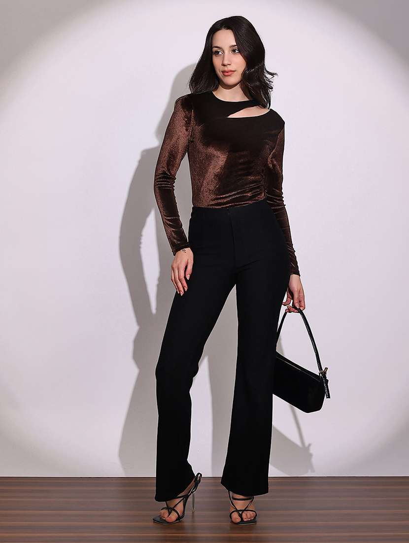 globus women brown round neck long sleeves cut-out detail gathered & pleated velvet party top - 22219254 -  Standard Image - 3