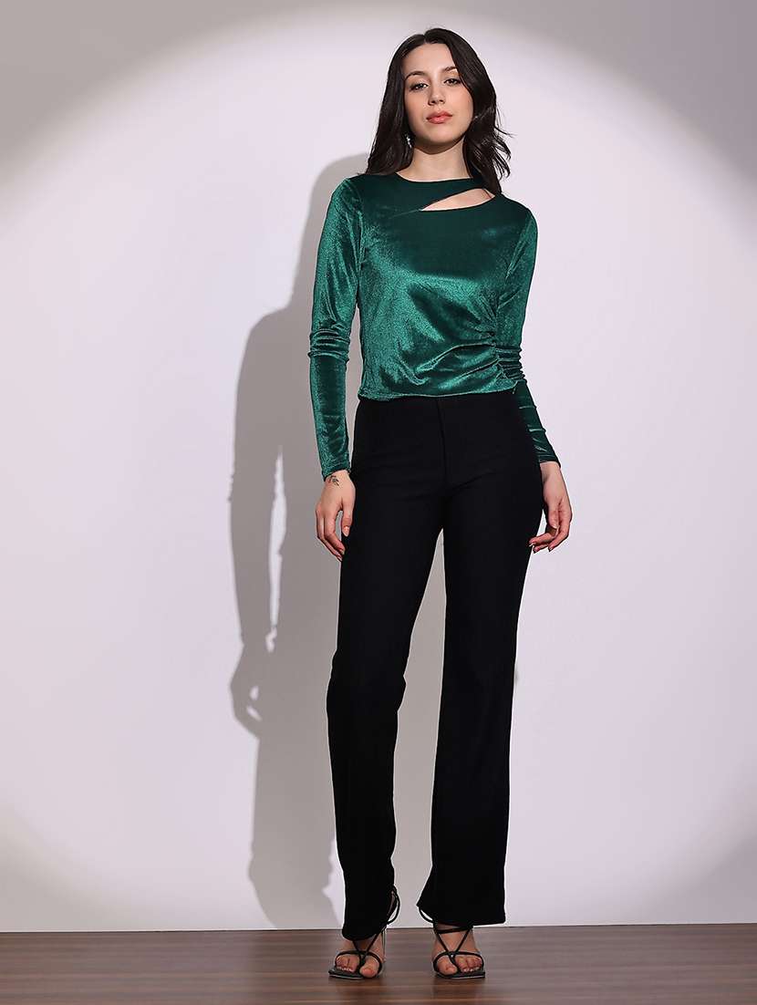 globus women teal round neck long sleeves cut-out detail gathered & pleated velvet party top - 22219255 -  Standard Image - 3