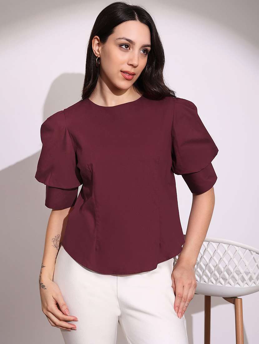 women solid puff sleeve back buttoned top