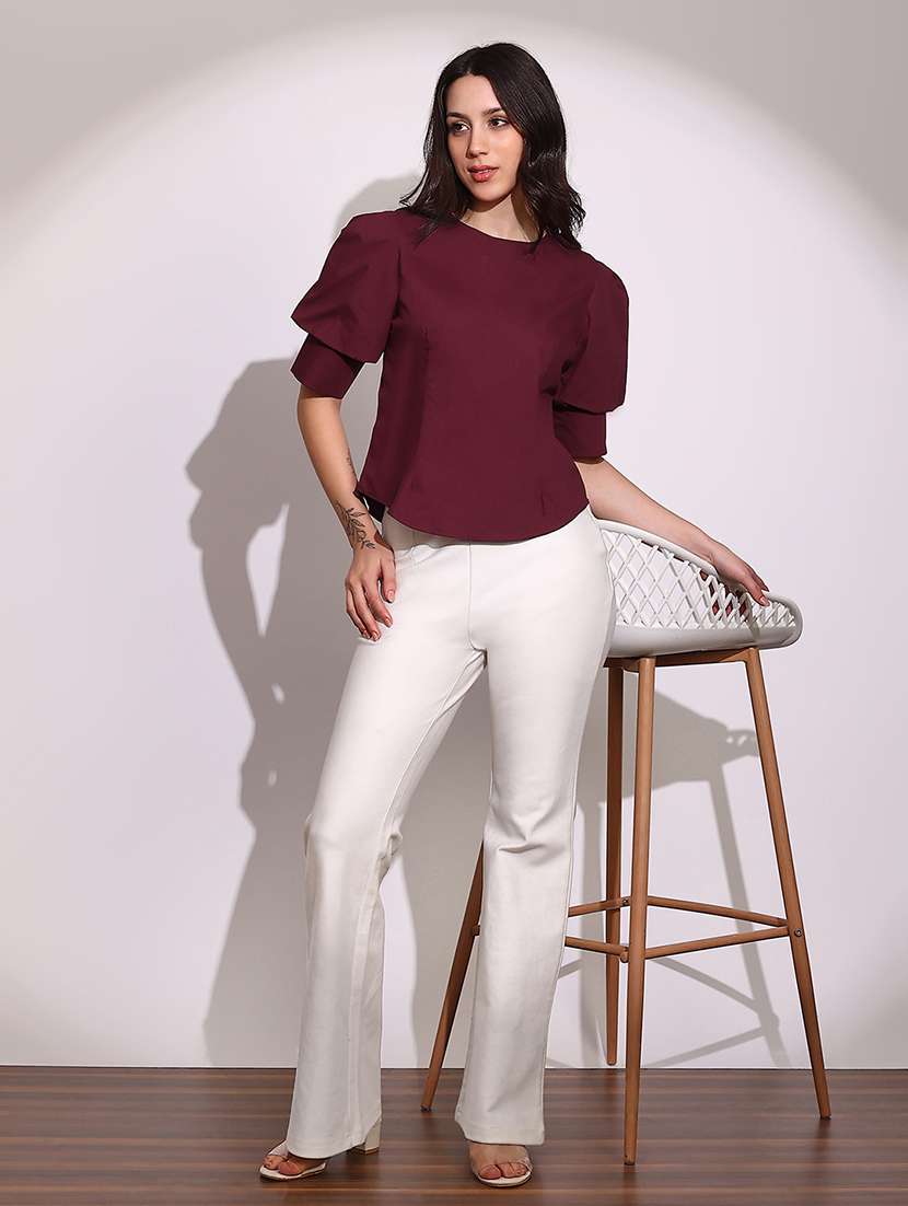 women solid puff sleeve back buttoned top - 22219256 -  Standard Image - 3