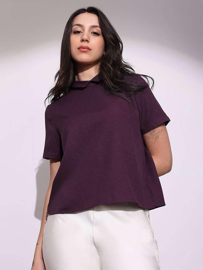 globus women purple short sleeves collared neck back button shirt style top