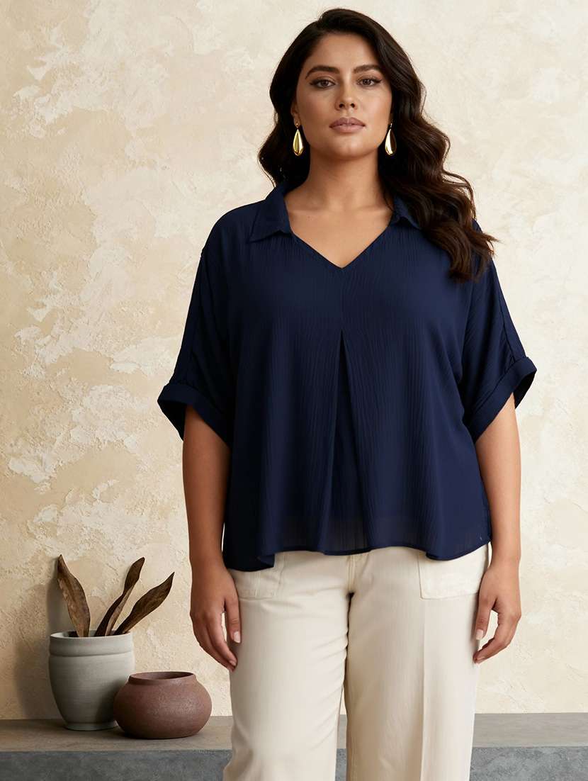globus gloplus women blue collared v-neck extended sleeves self design plus size top