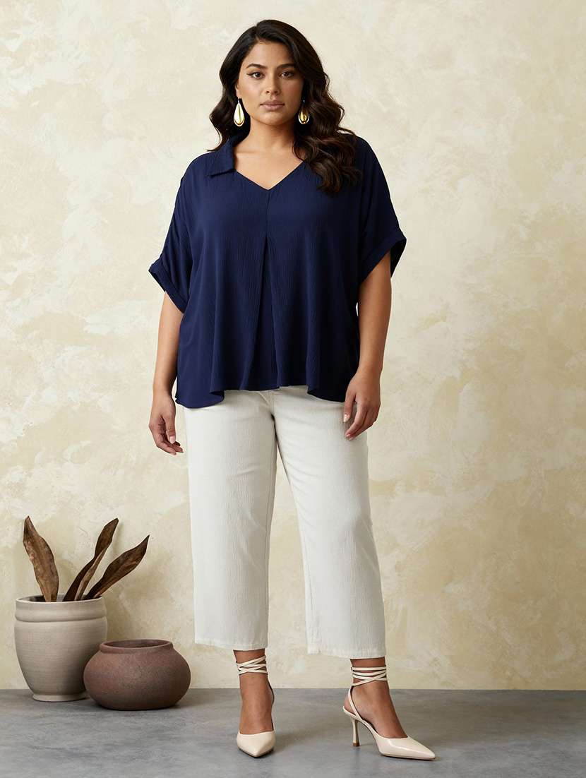 globus gloplus women blue collared v-neck extended sleeves self design plus size top - 22219259 -  Standard Image - 3