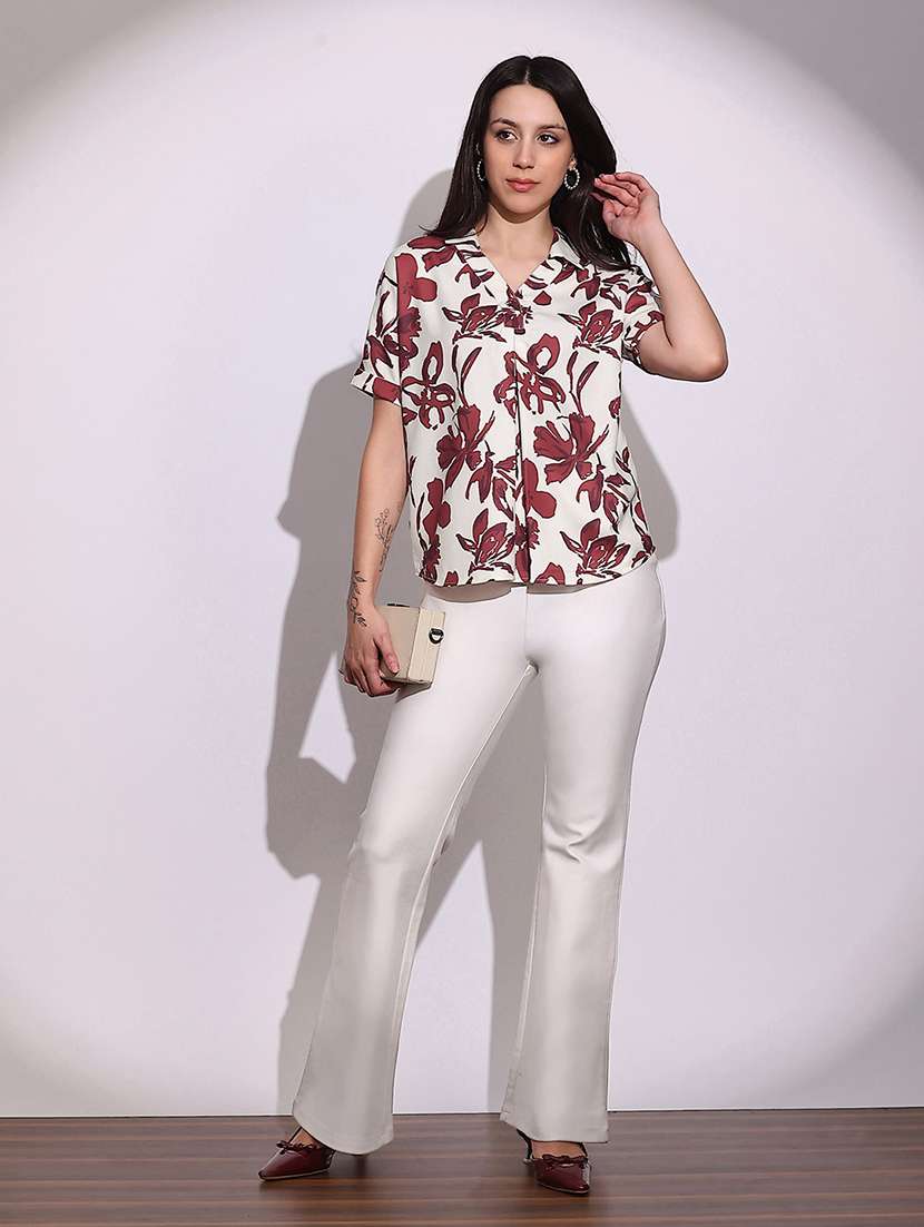 globus women red floral print collared v-neck short sleeves gathered & pleat detail curved hem top - 22219260 -  Standard Image - 3