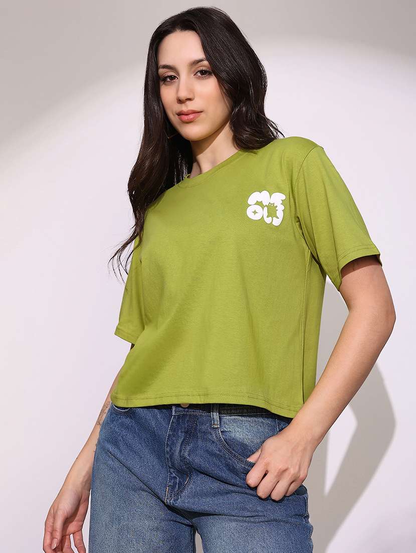 globus women green round neck short sleeves graphic print oversized crop t-shirt