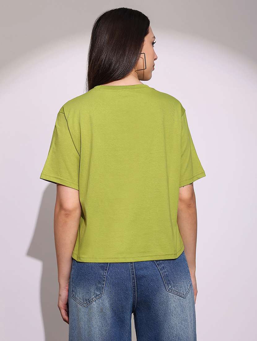 globus women green round neck short sleeves graphic print oversized crop t-shirt - 22219261 -  Standard Image - 3