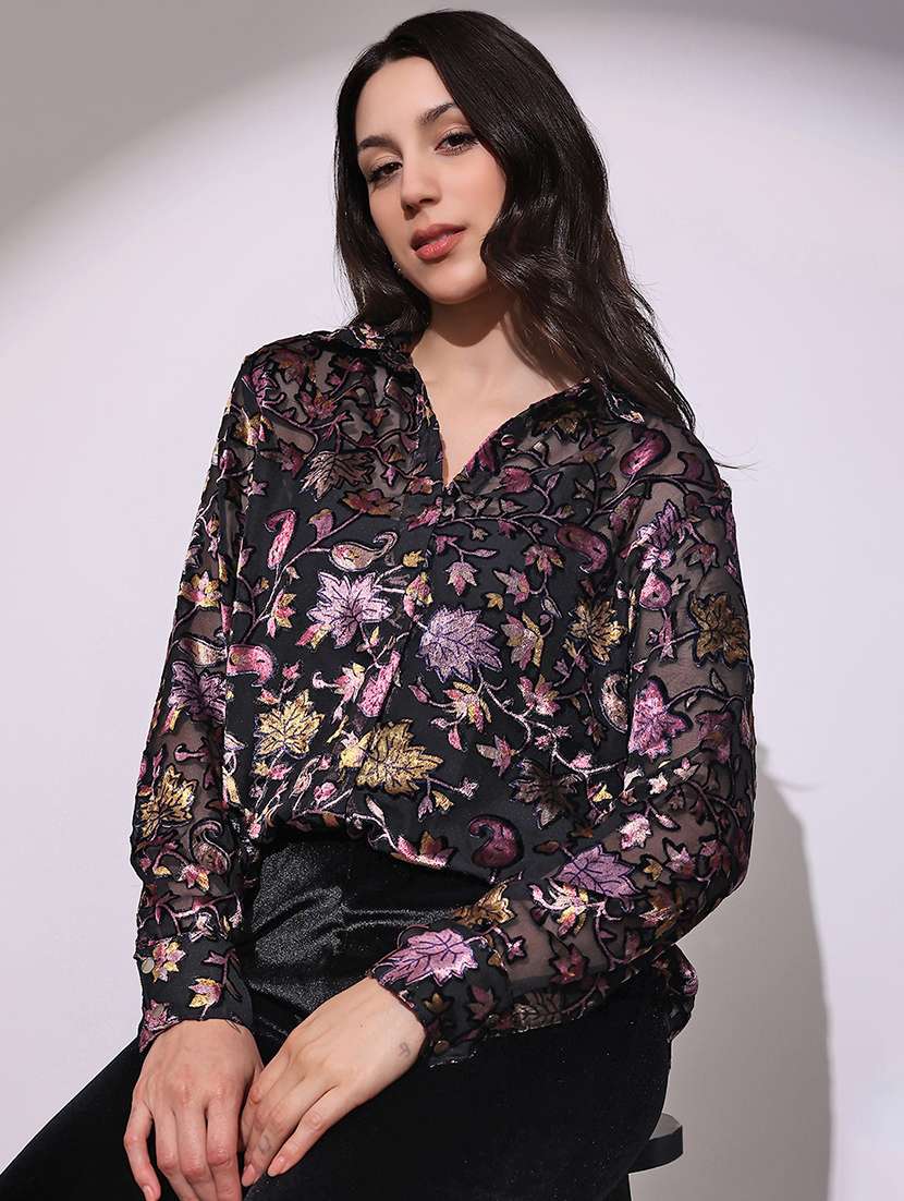 globus women black floral self design collared neck cuffed sleeves curved hem party shirt