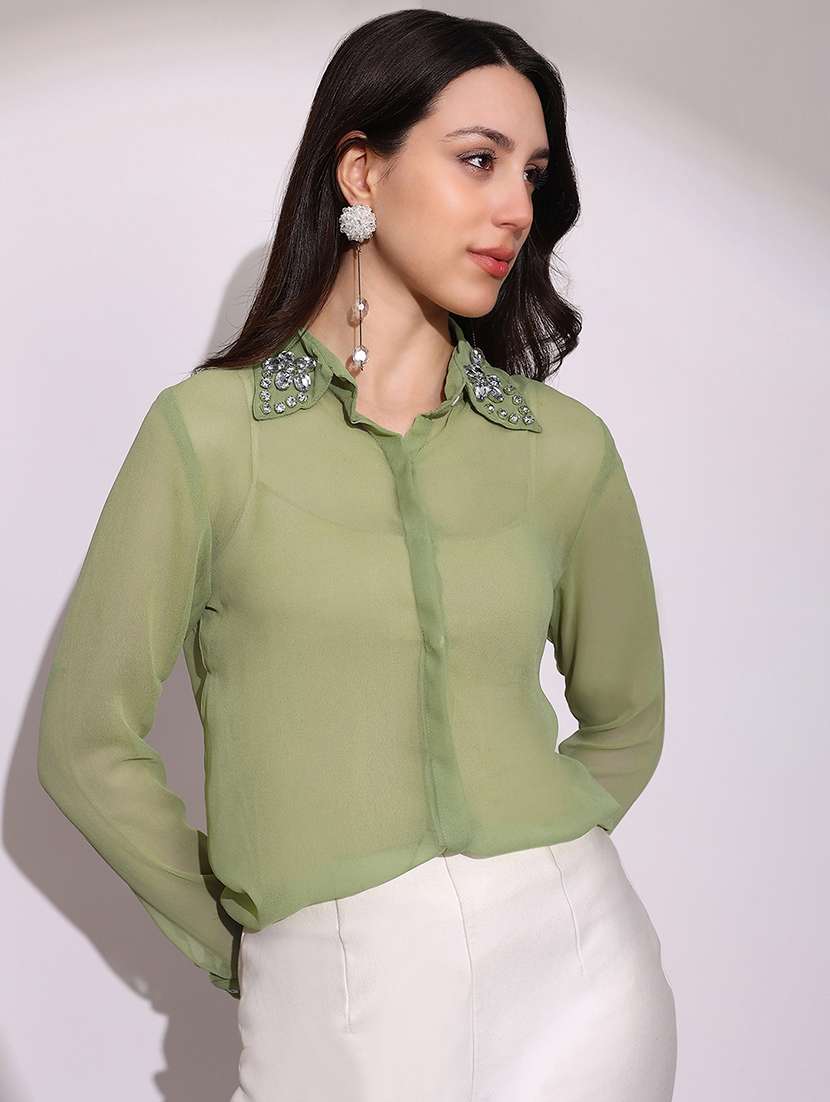 globus women green embellished collar cuffed sleeves curved hem georgette sheer party shirt