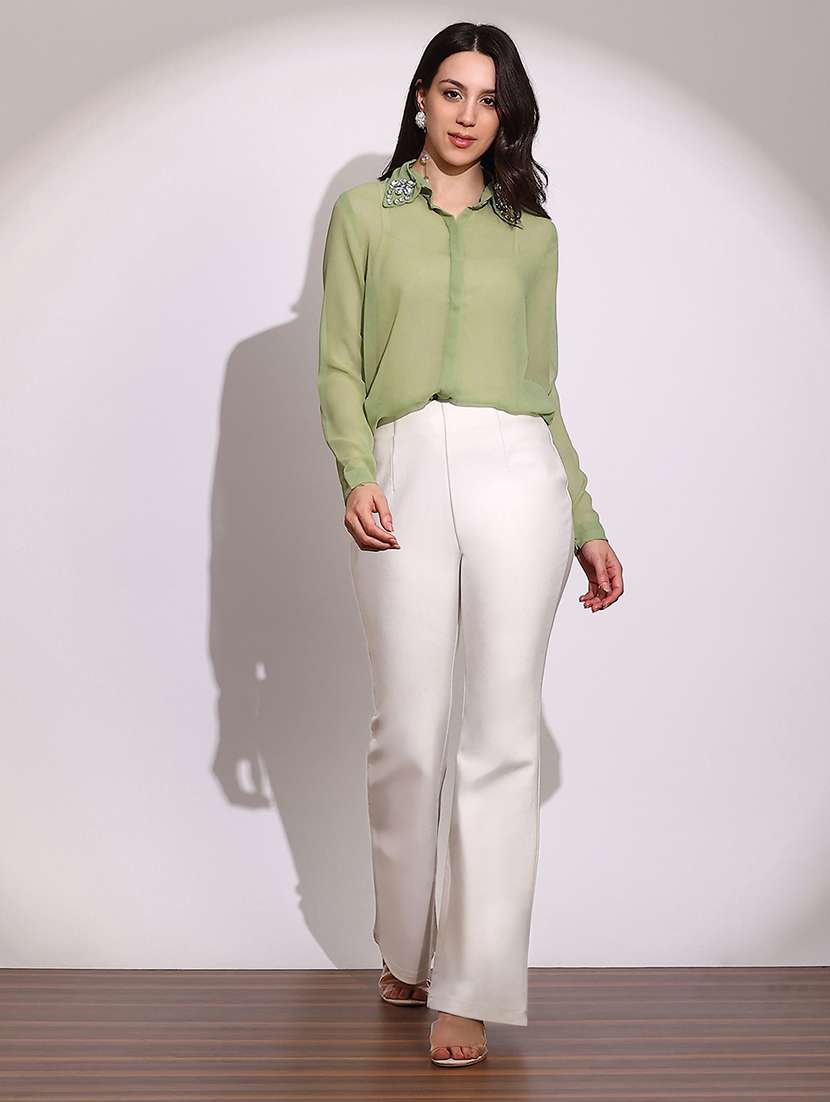 globus women green embellished collar cuffed sleeves curved hem georgette sheer party shirt - 22219264 -  Standard Image - 3