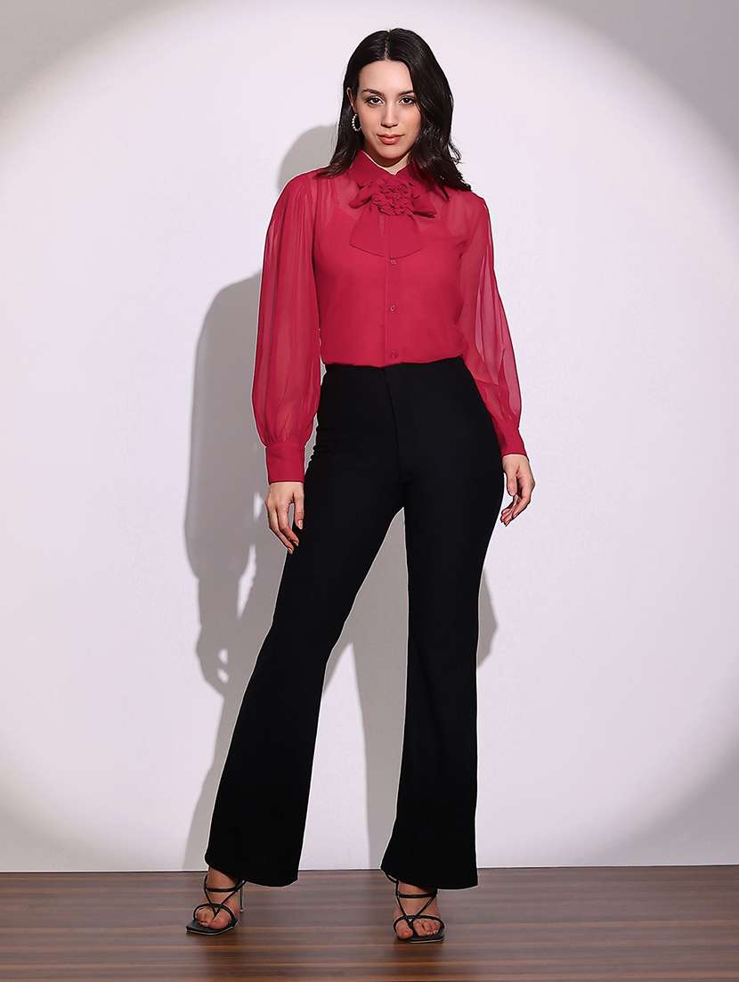 globus women red bow detail collared neck cuffed sleeves curved hem georgette sheer party shirt - 22219266 -  Standard Image - 3