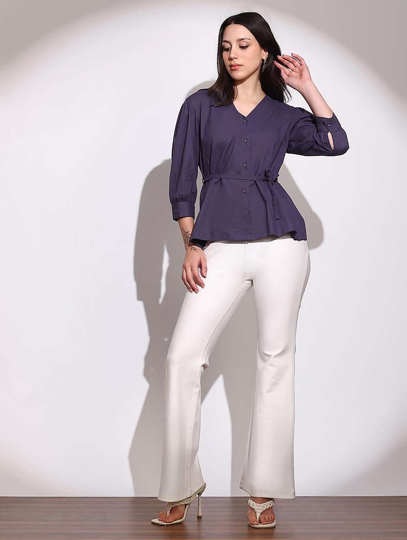 globus women purple v-neck cuffed sleeves tie-up detail workwear tailored fit shirt - 22219269 -  Standard Image - 3