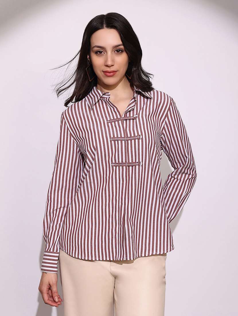 globus women brown striped collared neck cuffed sleeves chinese tab oversized workwear shirt