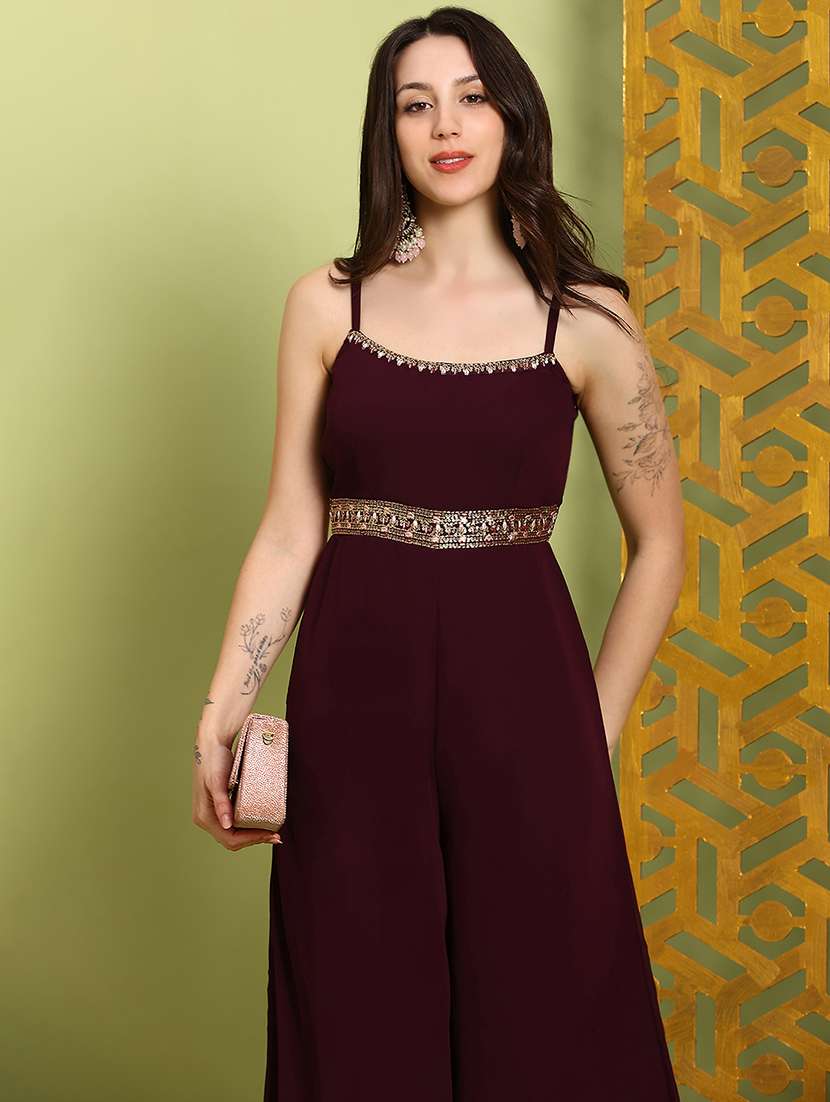 globus women brown scoop neck shoulder straps embroidered detail georgette flared festive jumpsuit - 22219272 -  Standard Image - 3