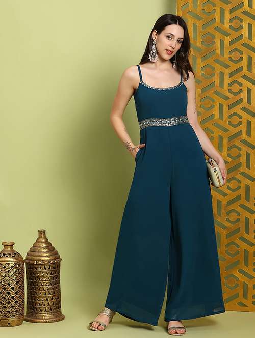 globus women teal scoop neck shoulder straps embroidered detail georgette flared festive jumpsuit - 22219273 -  Standard Image - 0