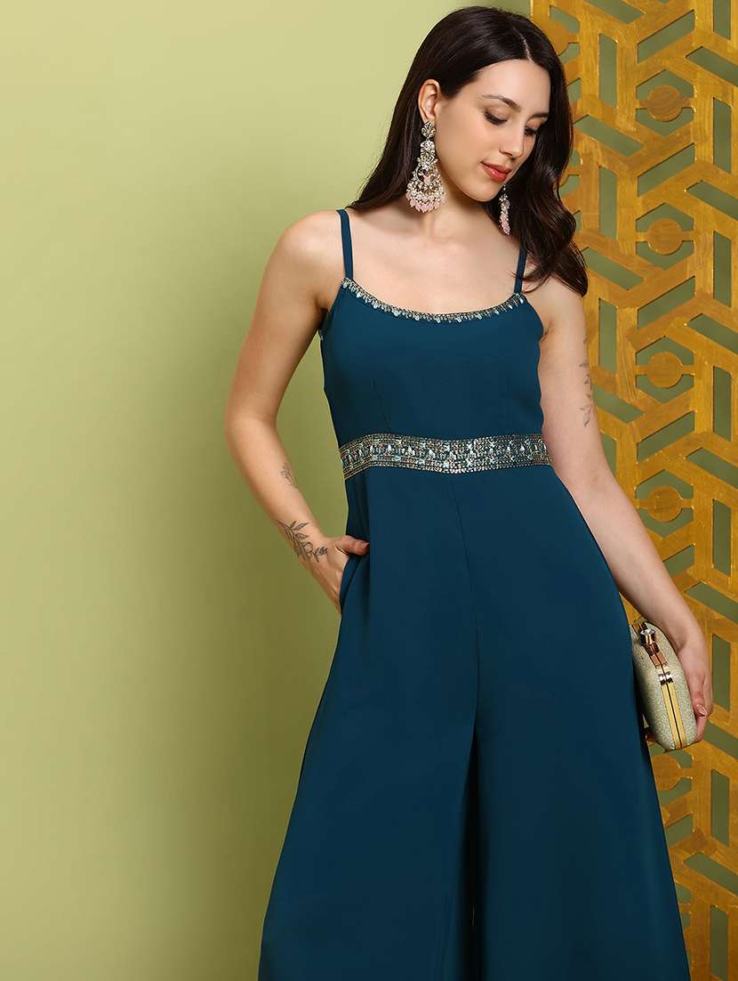 globus women teal scoop neck shoulder straps embroidered detail georgette flared festive jumpsuit - 22219273 -  Standard Image - 3