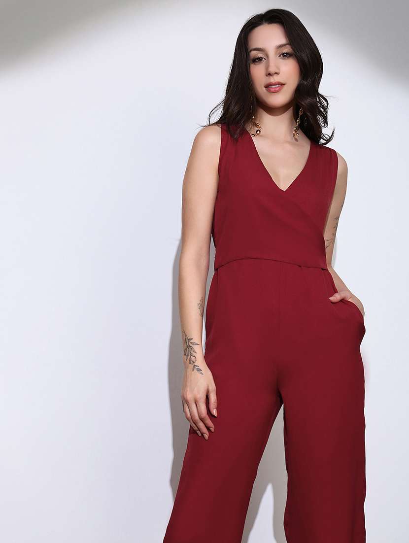 globus women maroon wrap neck sleeveless tie-up back solid wide leg workwear jumpsuit - 22219274 -  Standard Image - 3