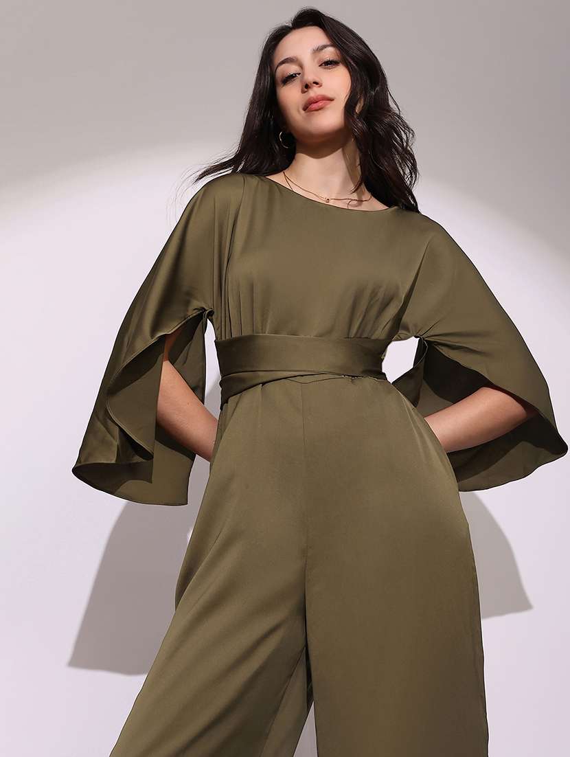 globus women brown boat neck cape sleeves criss cross waist tie-up detail sheen party jumpsuit - 22219276 -  Standard Image - 3