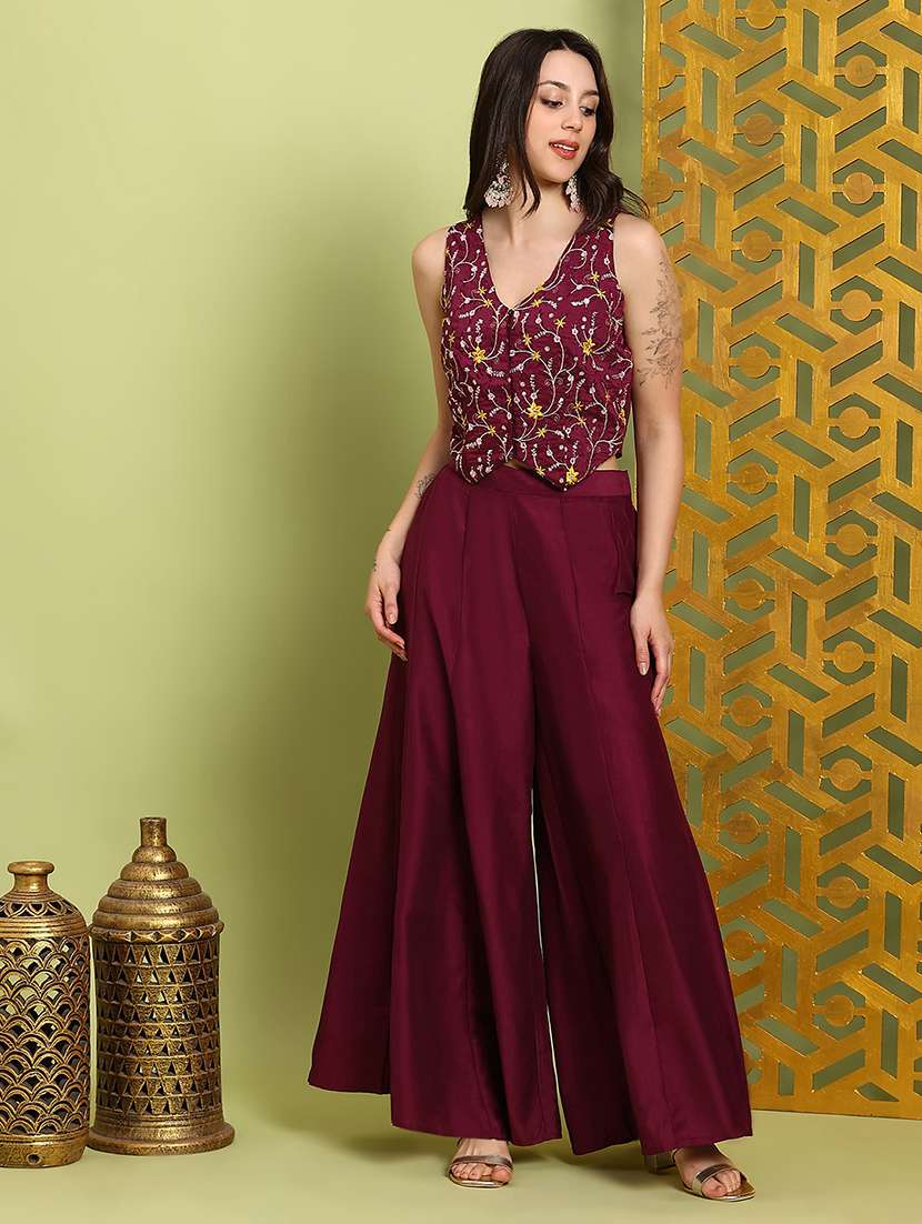 globus women maroon v-neck floral embroidered waistcoat with flared palazzos festive co-ord set