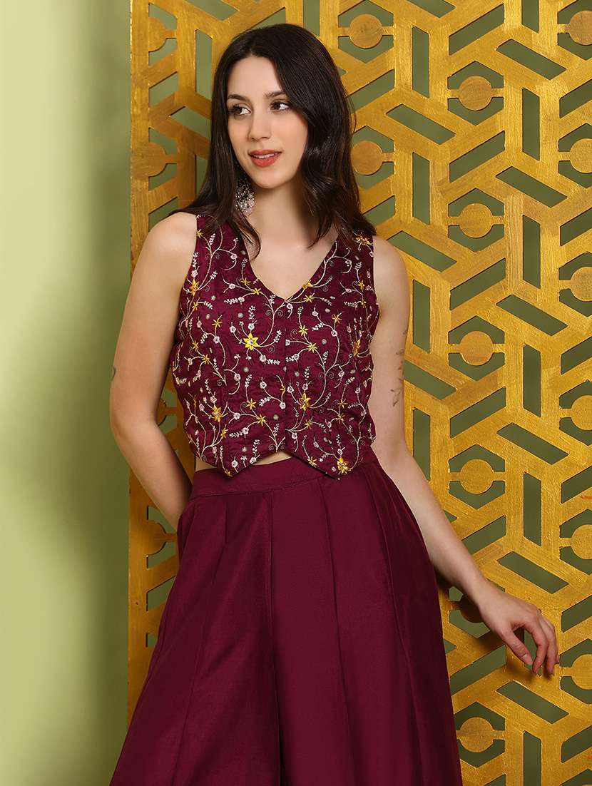 Globus Women Maroon V-neck Floral Embroidered Waistcoat With Flared Palazzos Festive Co-ord Set - 22219312 -  Standard Image - 3