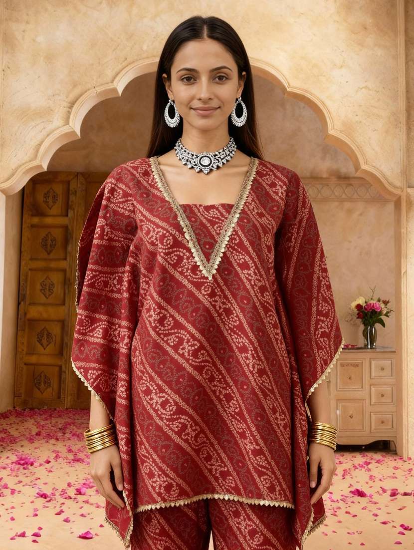 globus women red bandhani ethnic gold foil print v-neck kimono sleeves lace detail kaftan tunic & sharara festive co-ord set - 22219313 -  Standard Image - 3