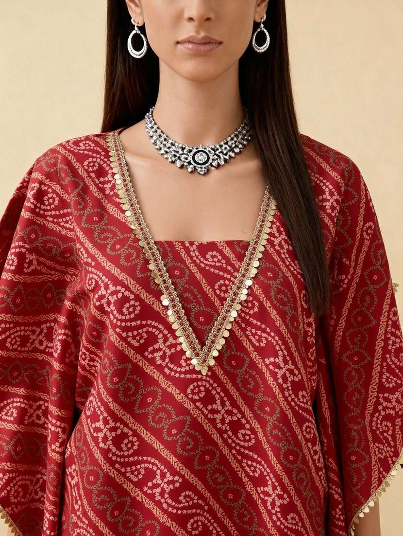globus women red bandhani ethnic gold foil print v-neck kimono sleeves lace detail kaftan tunic & sharara festive co-ord set - 22219313 -  Standard Image - 5