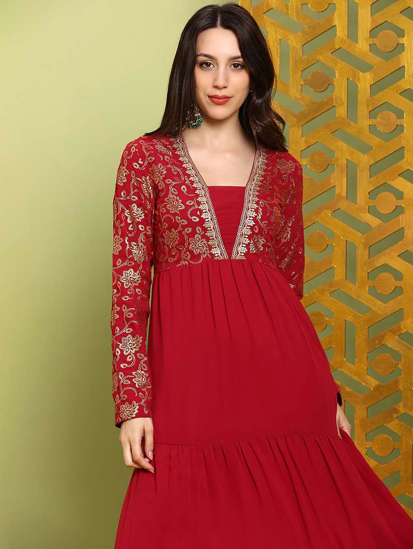 globus women red square neck pleated embroidered detail gold foil ethnic print fit & flare maxi festive dress - 22219315 -  Standard Image - 3