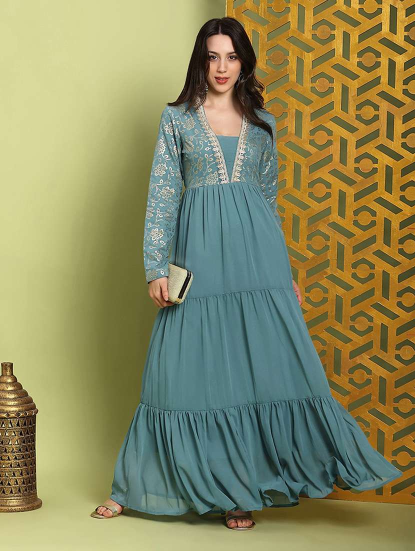 globus women sea green square neck pleated embroidered detail gold foil ethnic print fit & flare maxi festive dress