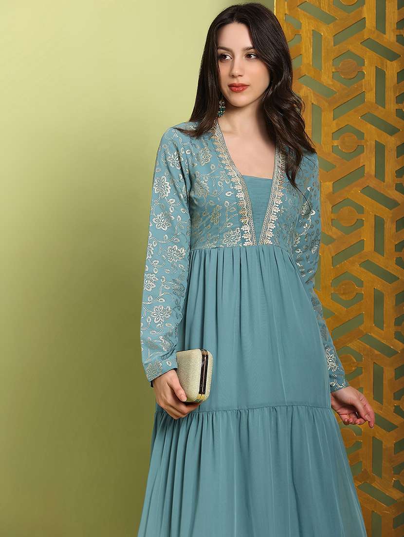 globus women sea green square neck pleated embroidered detail gold foil ethnic print fit & flare maxi festive dress - 22219316 -  Standard Image - 3