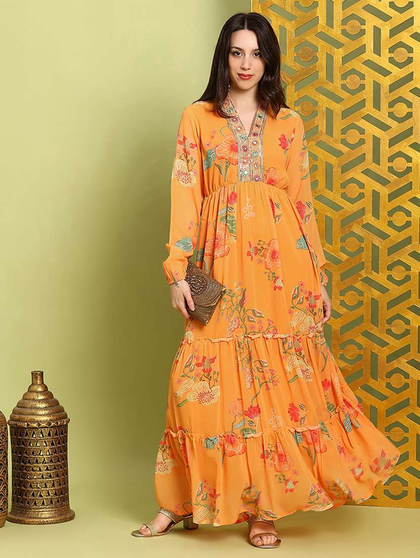 globus women mustard embroidered v-neck bishop sleeves floral print tiered fit & flare maxi festive dress