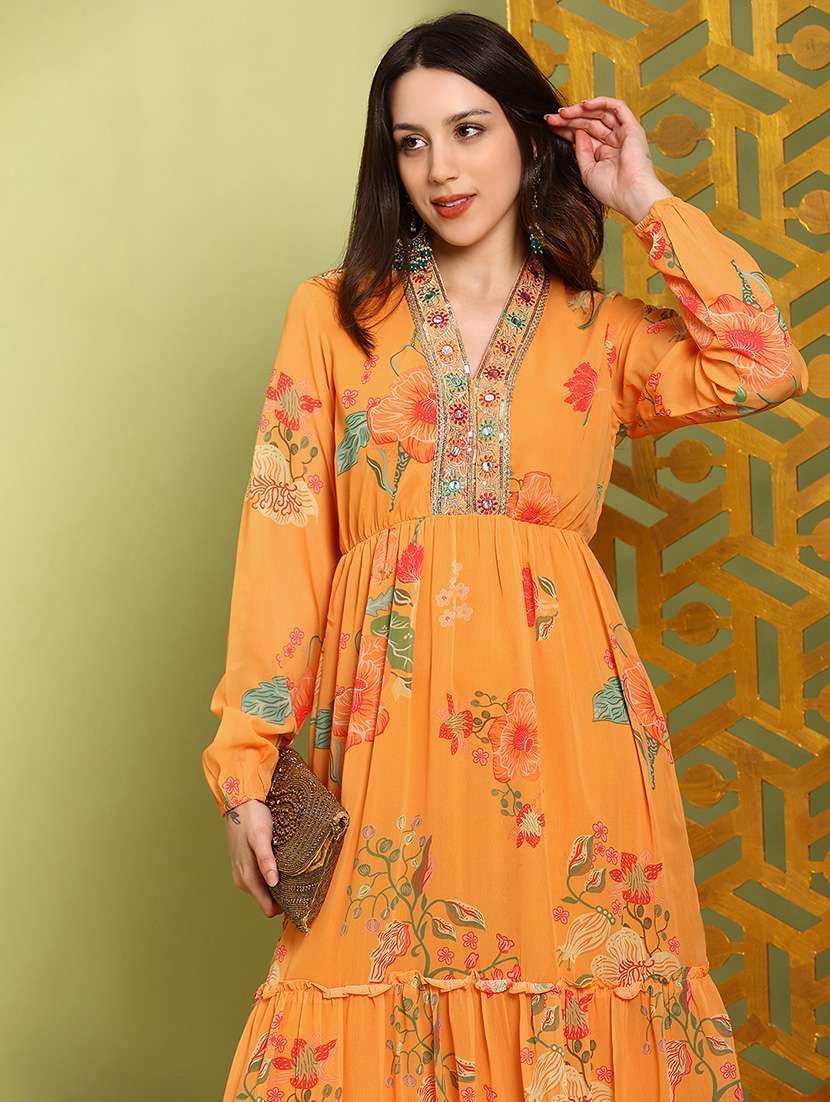 globus women mustard embroidered v-neck bishop sleeves floral print tiered fit & flare maxi festive dress - 22219317 -  Standard Image - 3