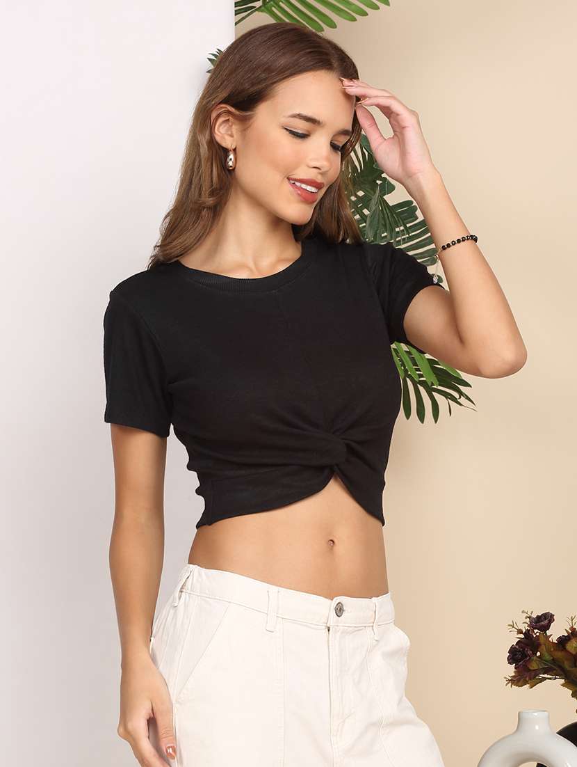women solid short sleeve front knot crop top - 22219359 -  Standard Image - 3