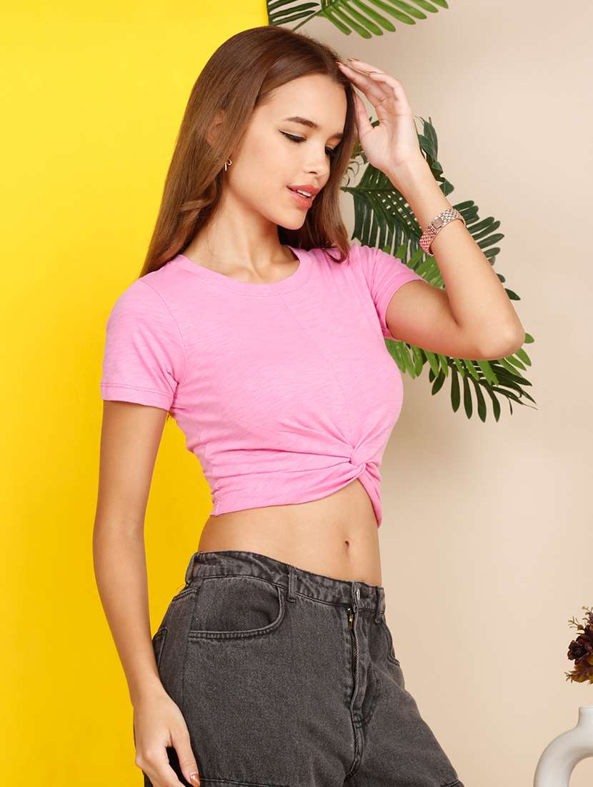 Women Solid Short Sleeve Front Knot Crop Top - 22219362 -  Standard Image - 3