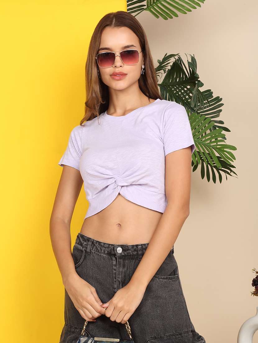 women solid short sleeve front knot crop top