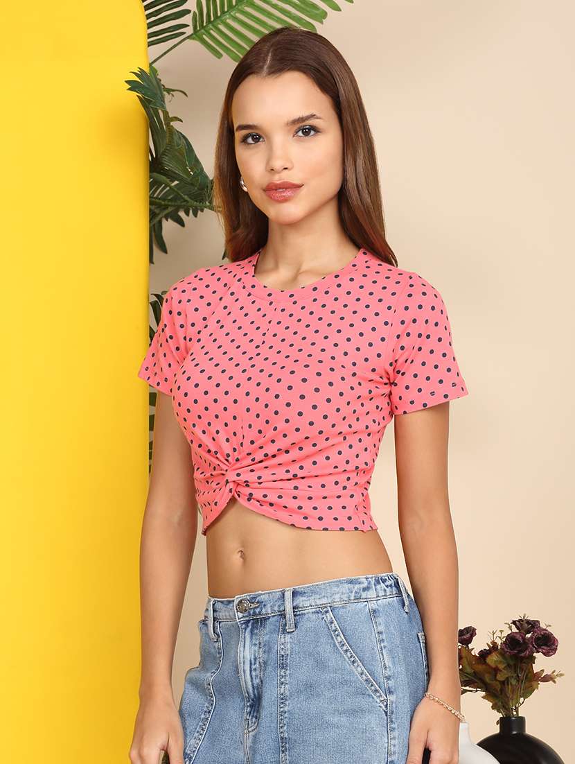 women printed short sleeve front knot crop top - 22219367 -  Standard Image - 5