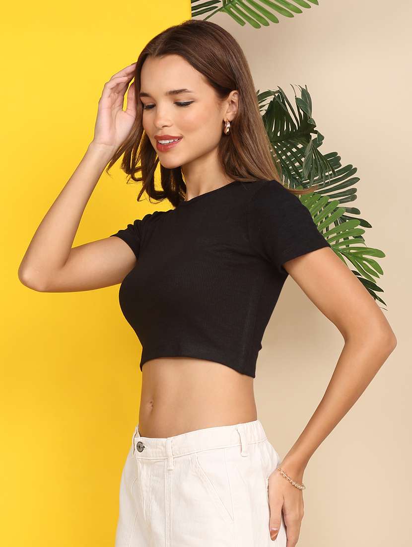 women solid short sleeve crop top - 22219372 -  Standard Image - 5