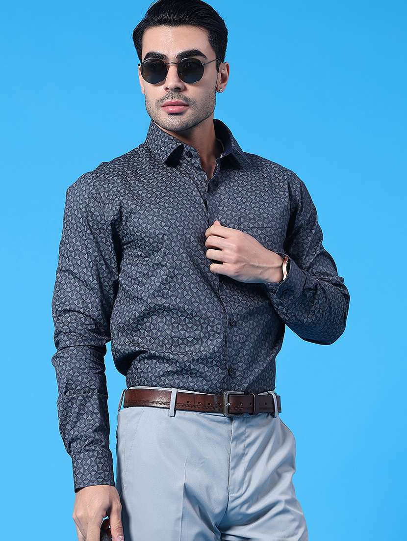 men geometric printed long sleeve slim fit formal shirt