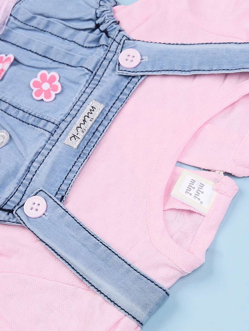 Girls Solid Round Neck Dungaree - 22219783 -  Standard Image - 3