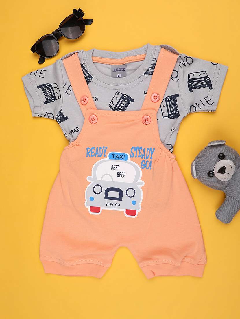 boys printed round neck dungaree