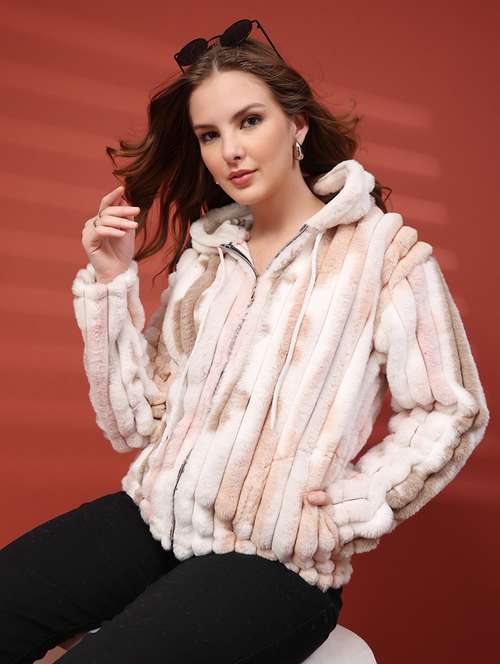 women printed long sleeve hooded fur jacket - 22219890 -  Standard Image - 0