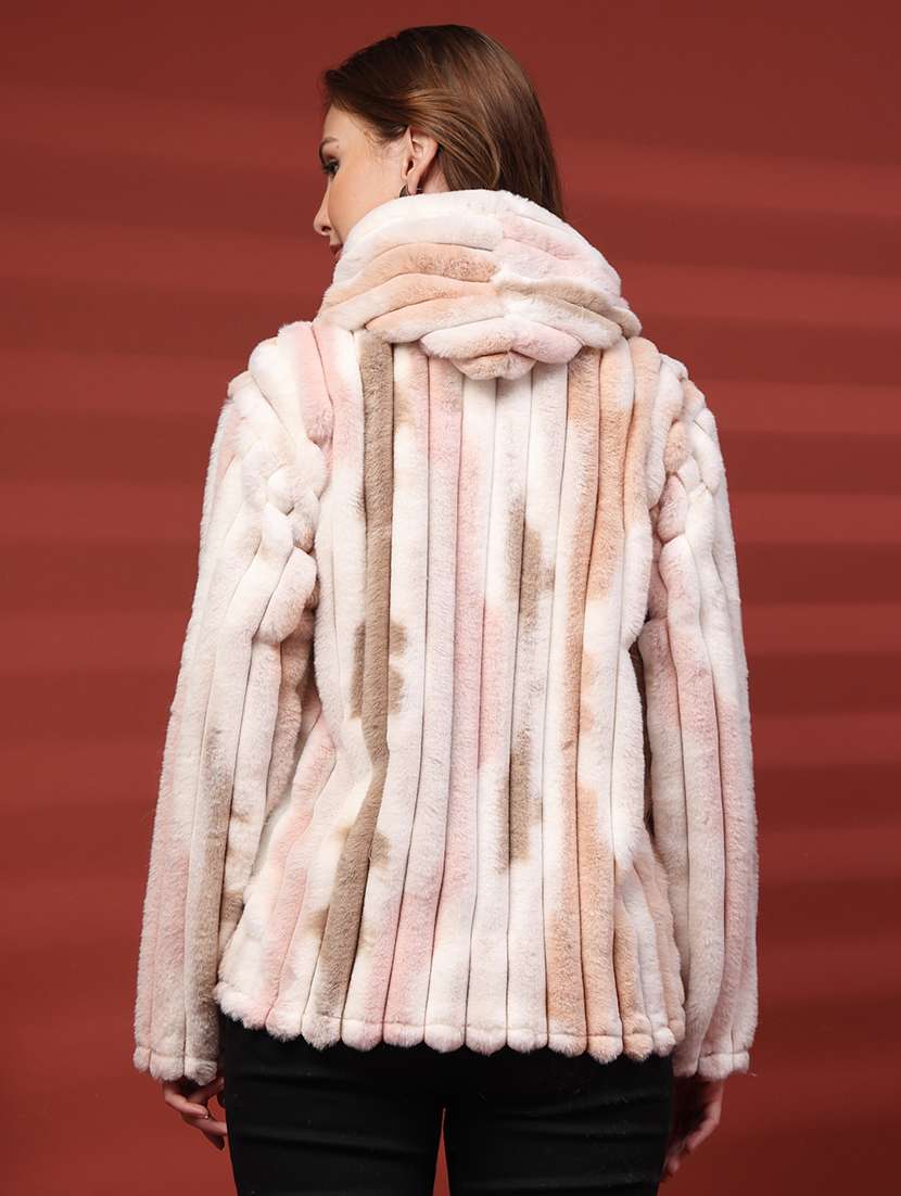 women printed long sleeve hooded fur jacket - 22219890 -  Standard Image - 3