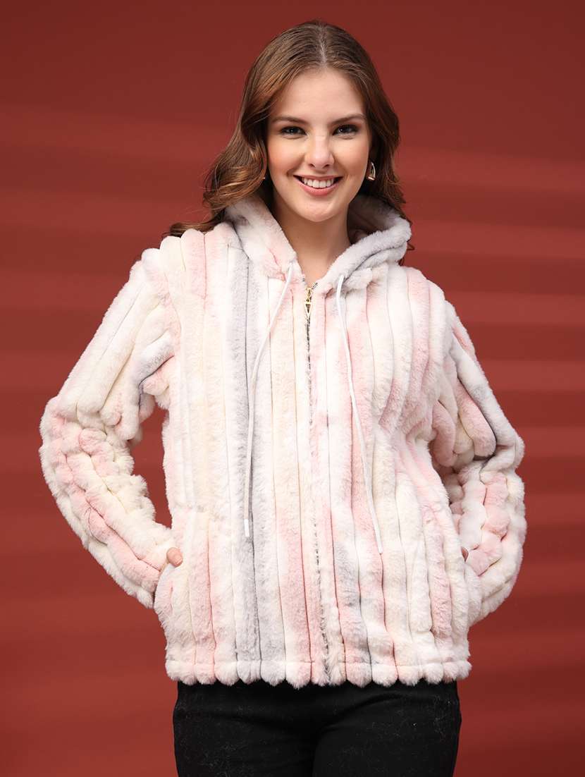 women printed long sleeve hooded fur jacket - 22219891 -  Zoom Image - 0