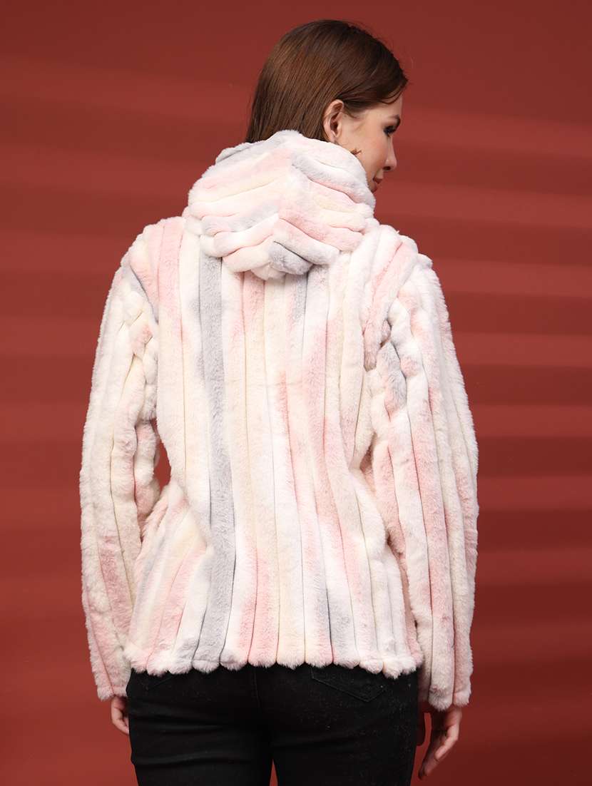 women printed long sleeve hooded fur jacket - 22219891 -  Standard Image - 3