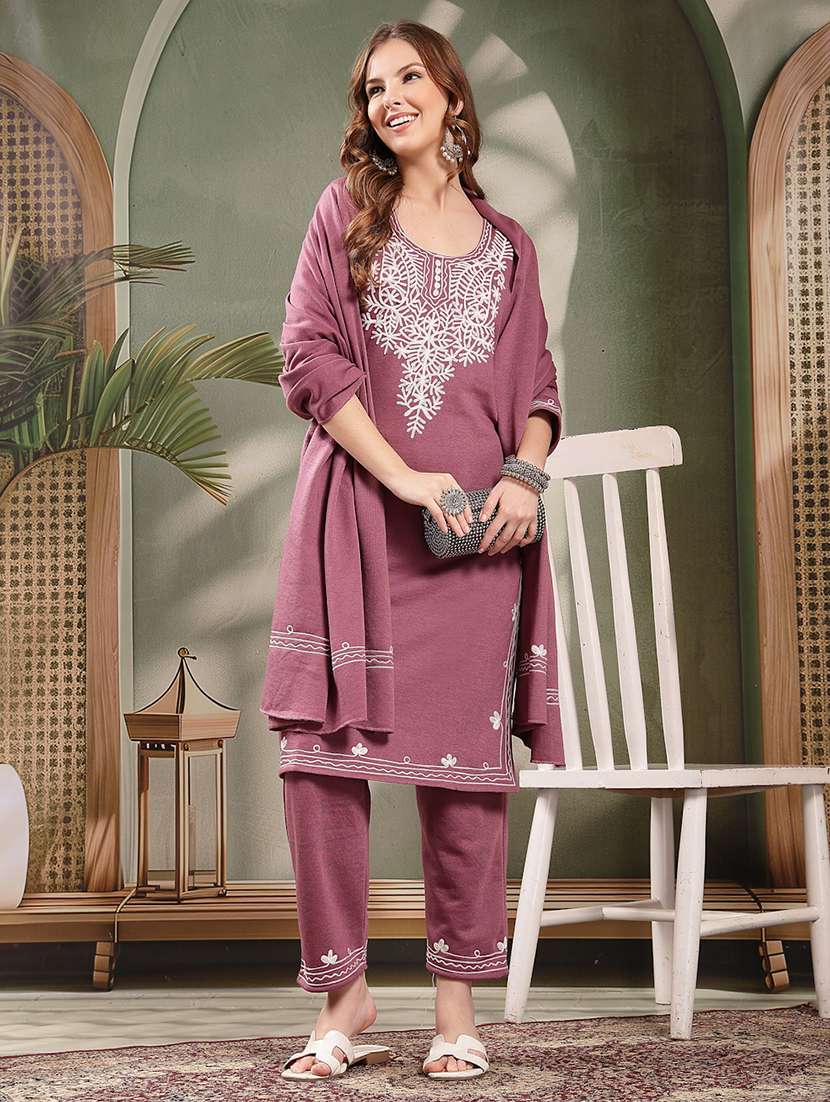 women embroidered woolen kurta and pant set with dupatta