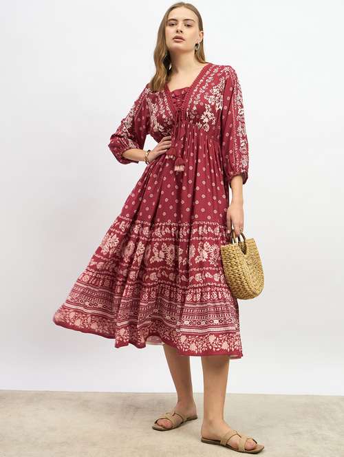 women printed puff sleeve fit & flared dress - 22219907 -  Standard Image - 0