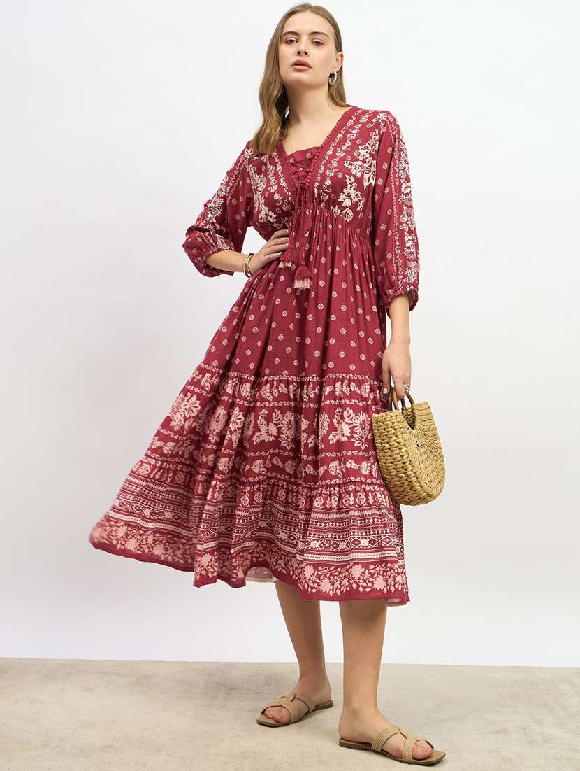 women printed puff sleeve fit & flared dress