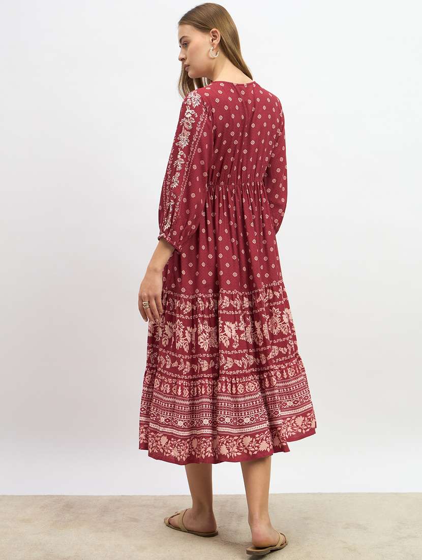 women printed puff sleeve fit & flared dress - 22219907 -  Standard Image - 3