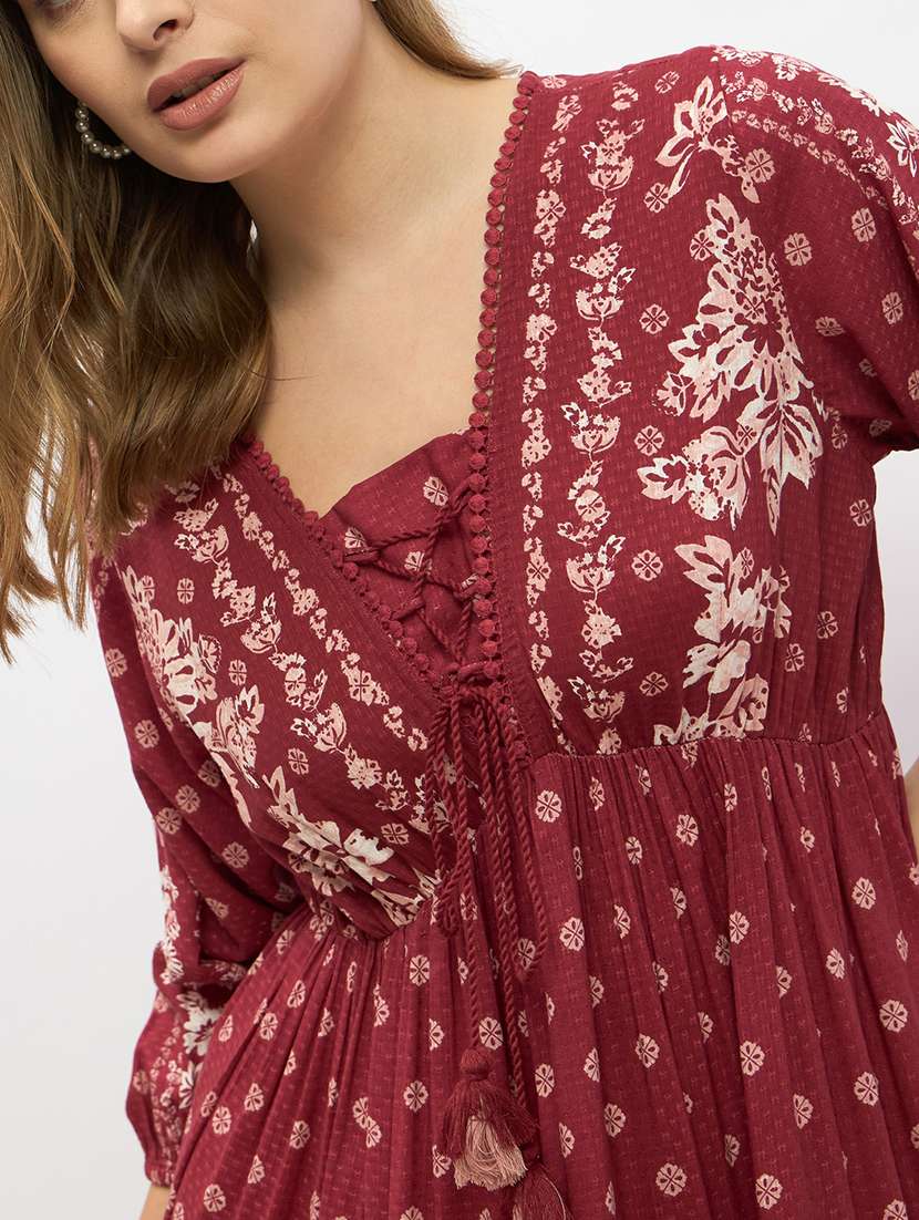 women printed puff sleeve fit & flared dress - 22219907 -  Standard Image - 5